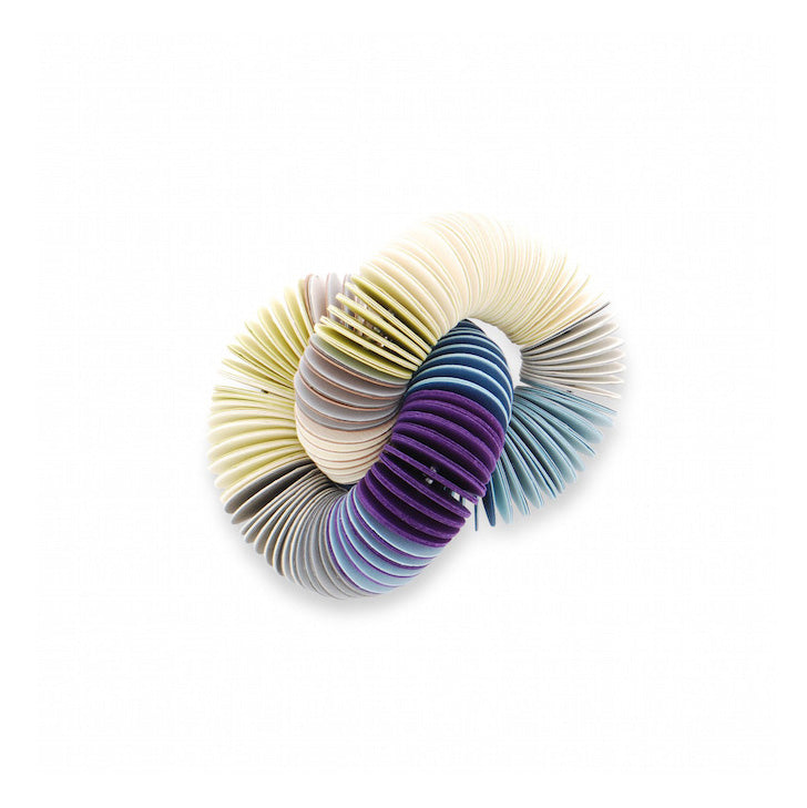 paper double link brooch. Cream, blue, purple.